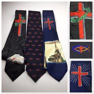 Set Of 3 Mens Vintage Christian Themed Ties Steven Harris Dino Roma Parquet